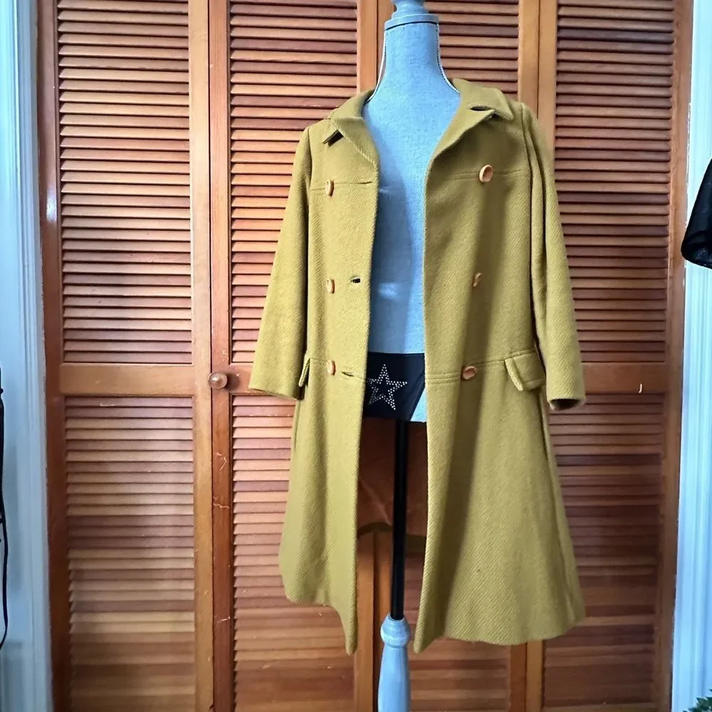 Vintage 1960s Mustard Double-Breasted Trench Coat Satin Lined Wool